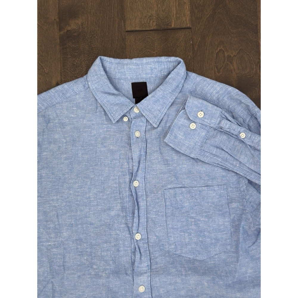 H&M Mens Blue Linen Blend Button Down Beach Shirt Long Sleeve Size M Pocket